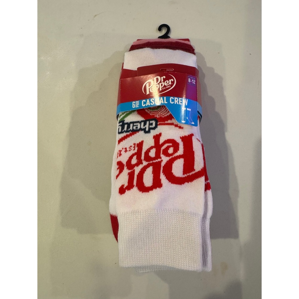 Dr Pepper 6 Pair Casual Crew Socks Shoe Size 8-12  Red White Pink New with Tag
